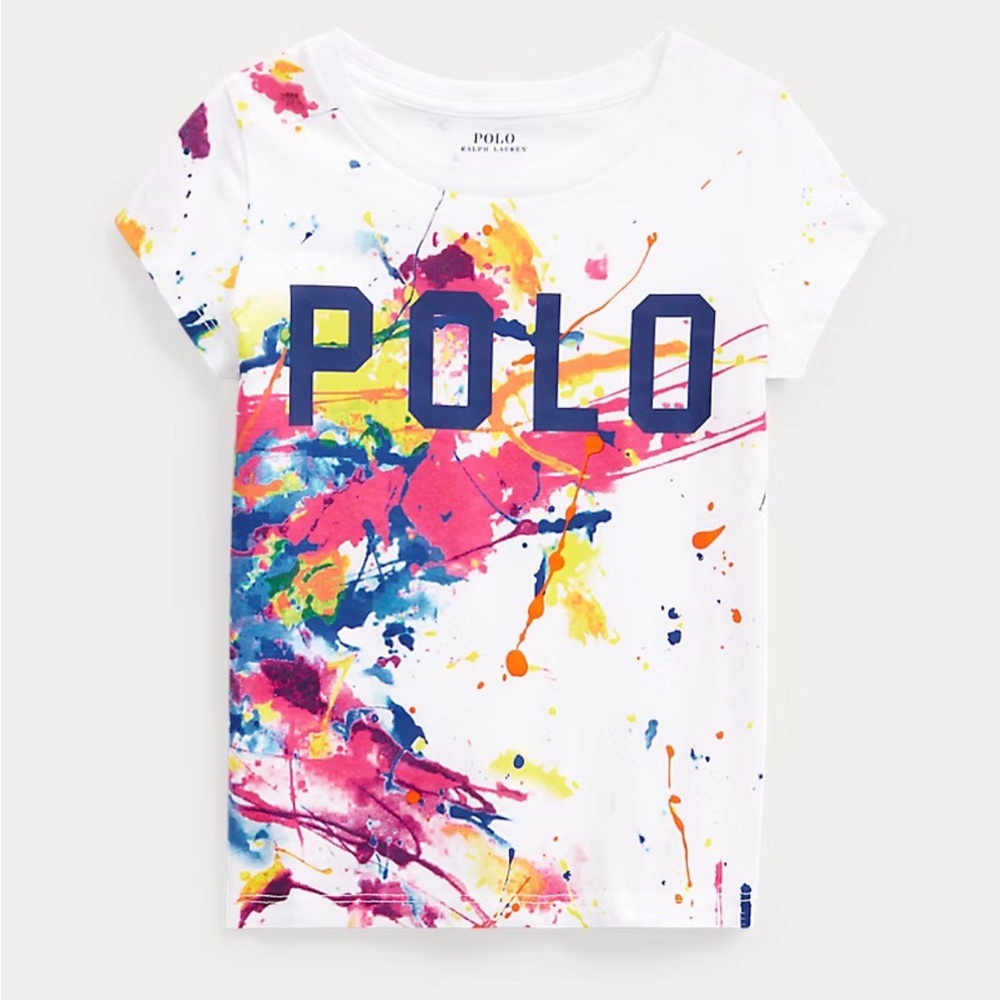 Ralph Lauren Baby Girl White Paint Splatter Logo Cotton Jersey Tee 12 months